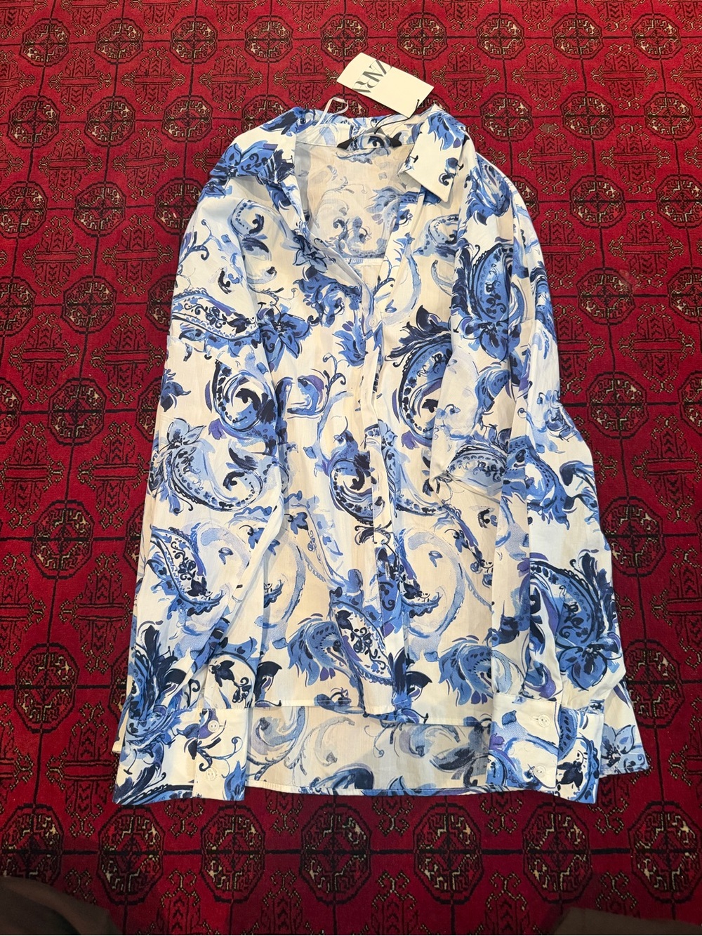 Womans White Shirt with Blue Paisley Print